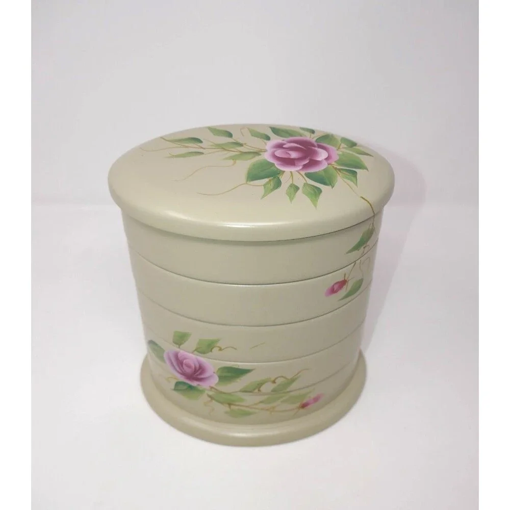 Calgon Flexzorb Vintage Wooden 5-Tier Swivel Jewelry Box Hand Painted Roses